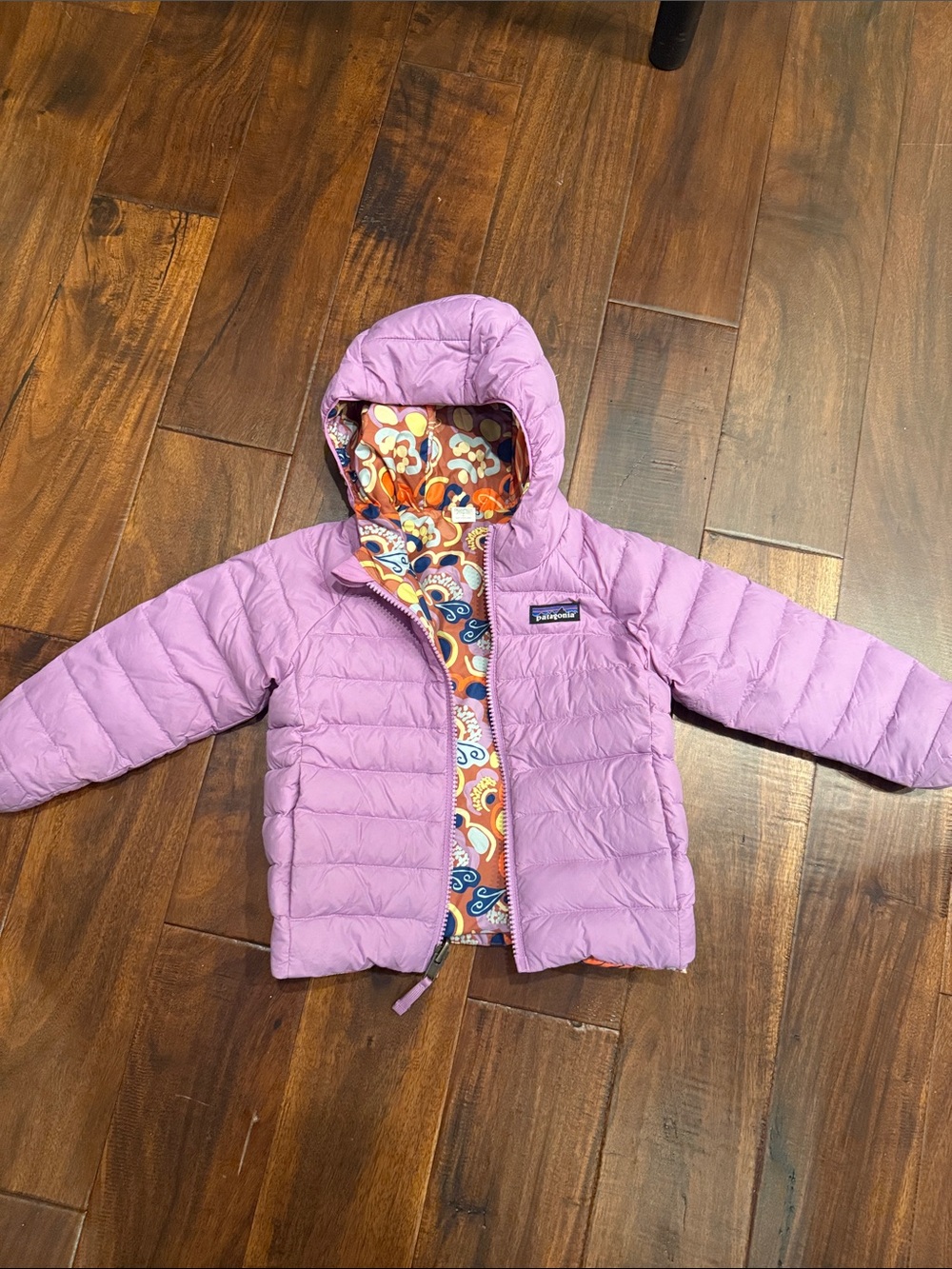 Patagonia Kids Lavender Hooded Puffer Jacket with Colorful Lining